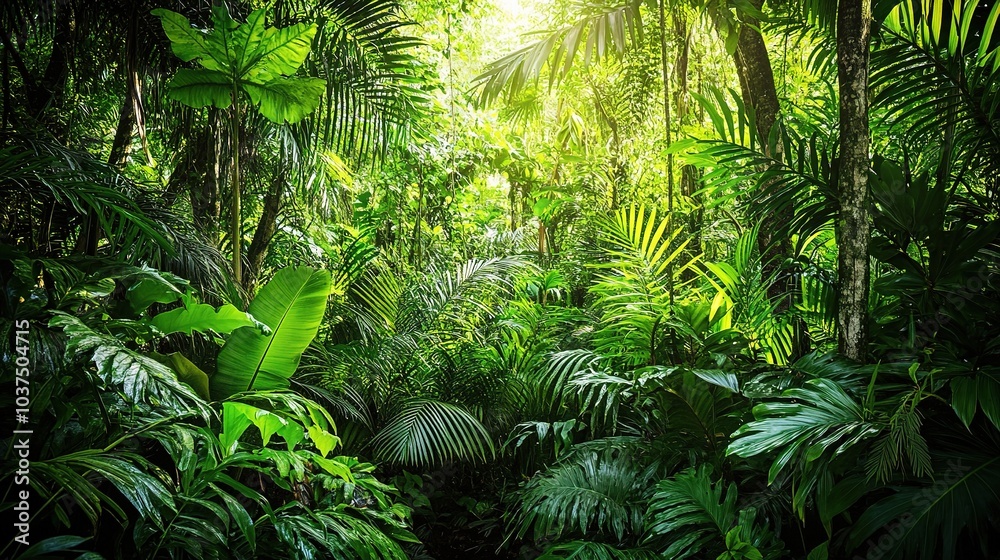 Naklejka premium Lush Green Jungle Scene with Vibrant Foliage