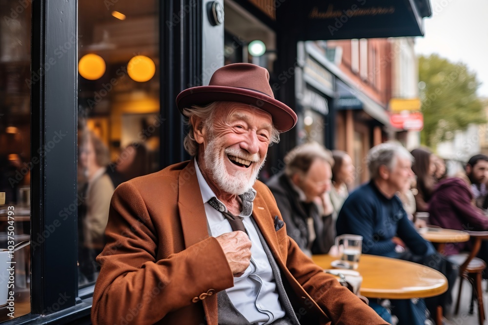 Handsome senior man with beard and mustache wearing brown jacket and hat singing in a pub Handsome senior man with beard and mustache wearing brown jacket and hat singing in a pub