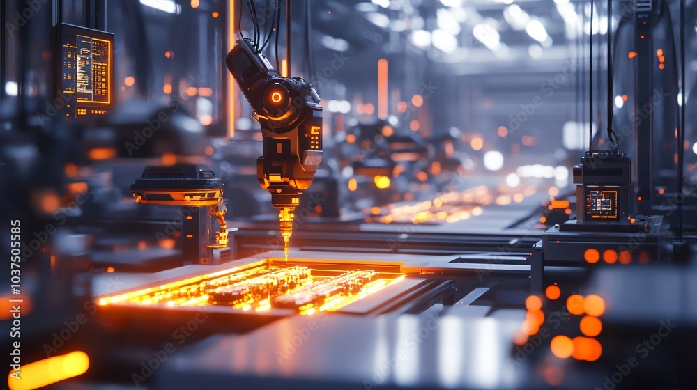 Automated robotic arm in factory setting, close-up of robotic arm in action, futuristic technology in production line, high tech machinery