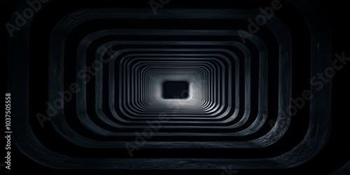 深いトンネルの内部から見える光の先に続く階層的な構造