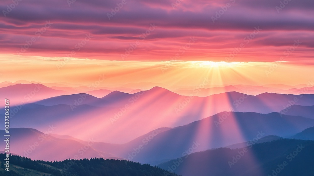 Serene Mountain Sunset with Radiant Light Beams Serene Mountain Sunset with Radiant Light Beams
