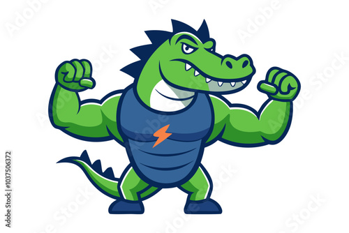 This funny cartoon dinosaur vector illustration features a cute green reptile character, a smiling tyrannosaurus rex