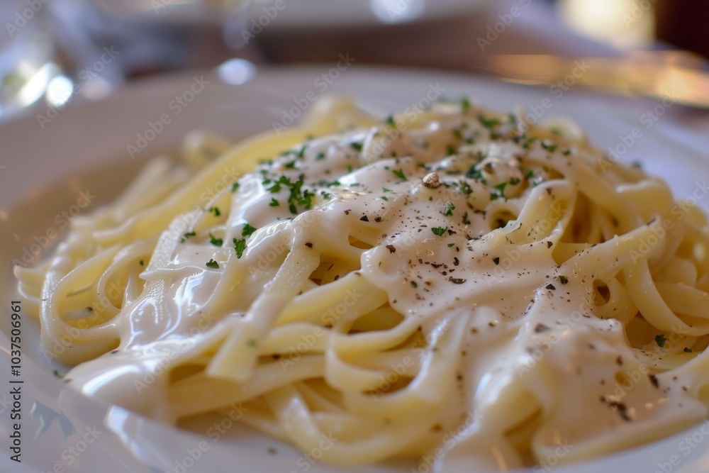 Pasta with creamy sauce and herbs is on a plate. Concept is appetizing and fresh cuisine. For food blogs or menu design. Pasta with creamy sauce and herbs is on a plate. Concept is appetizing and fresh cuisine. For food blogs or menu design.