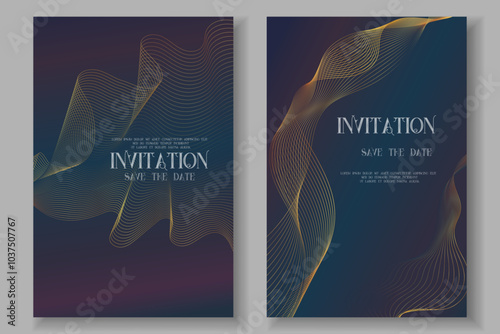 Luxury invitation card background set. Abstract Golden geometric shape, gold line gradient on dark background. Premium design for gala card, grand opening, party invitation, layout, templates.