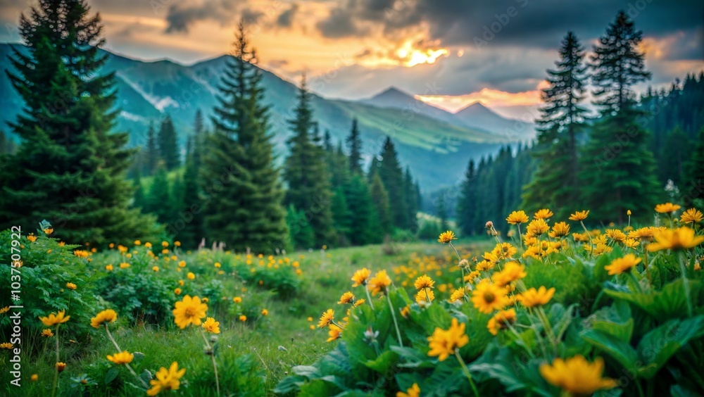 Fototapeta premium Sunset over wildflower meadow with mountains in the background in a serene landscape setting during late afternoon. Generative AI