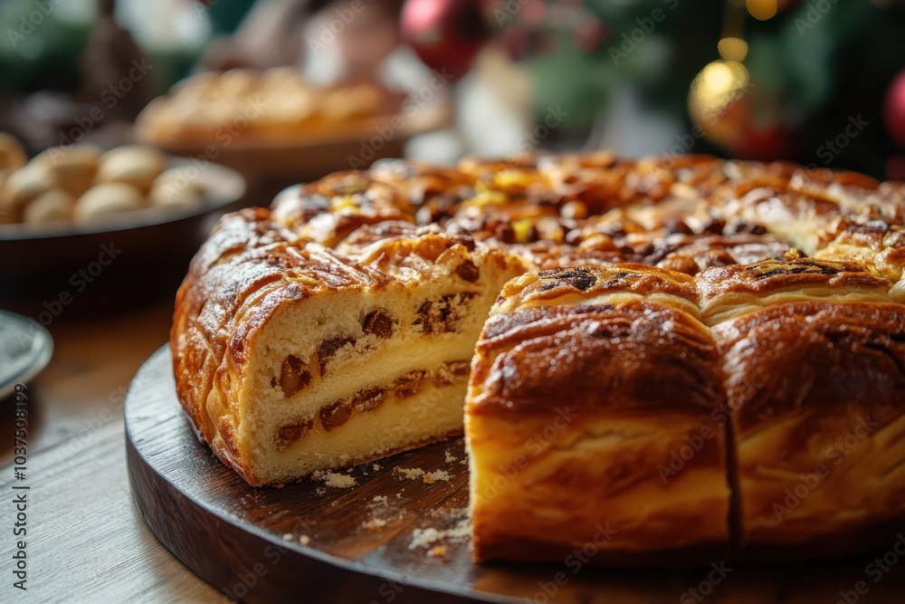 Traditional mexican christmas rosca de reyes displayed on a festive table setting Traditional mexican christmas rosca de reyes displayed on a festive table setting