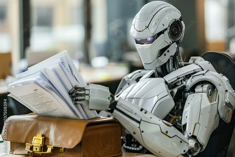 Midsection of humanoid robot keeping documents in briefcase at table in office. Midsection of humanoid robot keeping documents in briefcase at table in office.