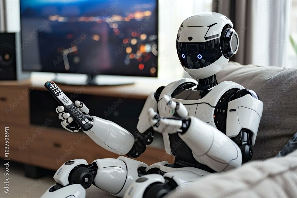 Humanoid robot on sofa holding remote control in front of television ...