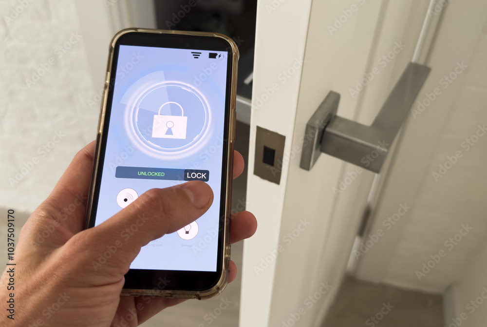 Smart home automation app on smartphone hold by female hand with home interior in background Smart home automation app on smartphone hold by female hand with home interior in background