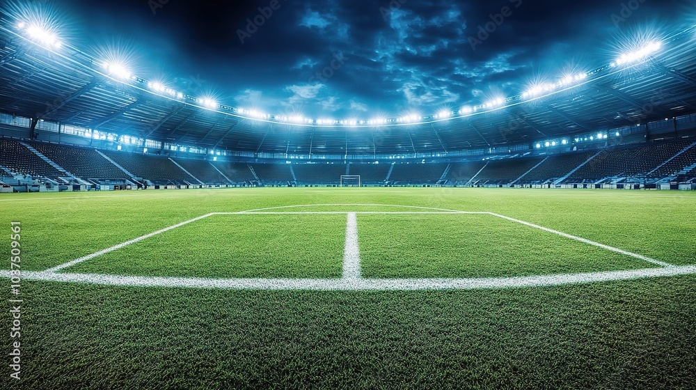 Fototapeta premium Serene Soccer Field Under Dramatic Night Sky