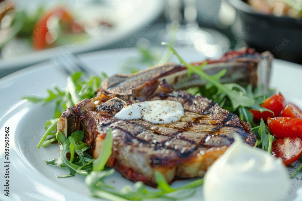 A grilled steak rests on a bed of greens with tomatoes on a white plate. Concept is gourmet culinary presentation. For restaurant menu designs A grilled steak rests on a bed of greens with tomatoes on a white plate. Concept is gourmet culinary presentation. For restaurant menu designs