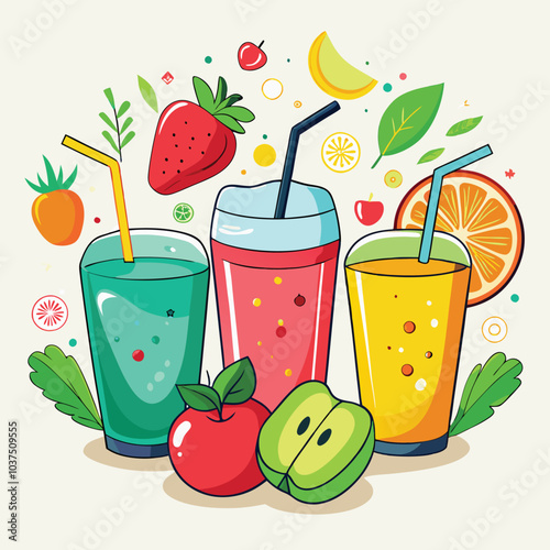 Colourful Set of smoothies. Superfoods and health or detox diet food concept in sketch style.