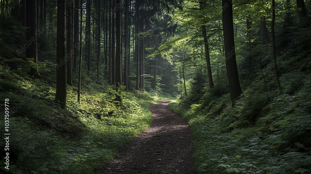 Serene Forest Pathway in Soft Morning Light Serene Forest Pathway in Soft Morning Light