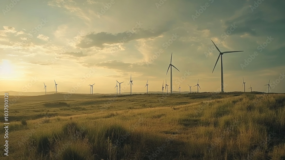 A panoramic view of a renewable energy wind farm with turbines turning, Renewable energy scene, Eco-friendly and sustainable style A panoramic view of a renewable energy wind farm with turbines turning, Renewable energy scene, Eco-friendly and sustainable style