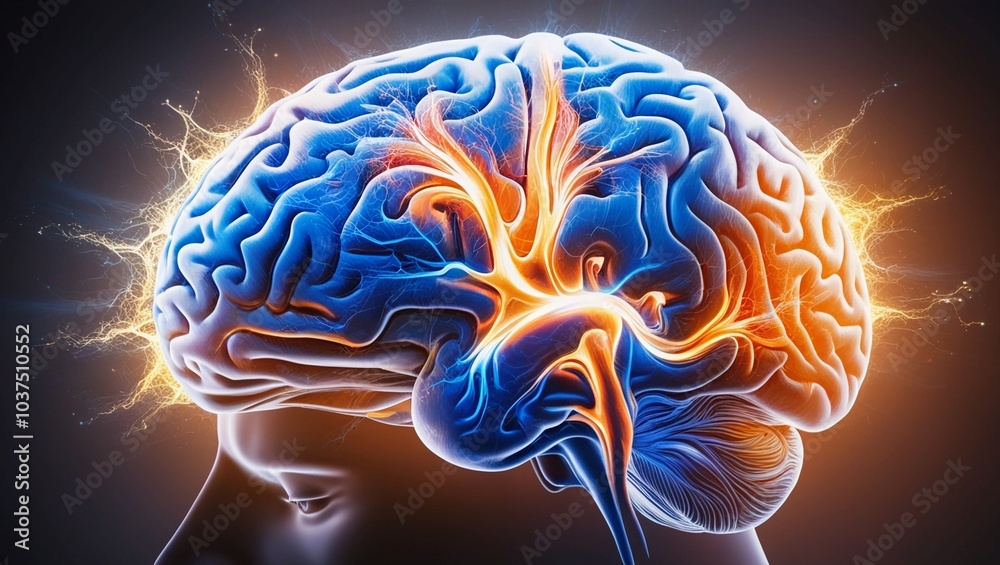 Fototapeta premium Abstract Profile View of a Human Brain with Vivid Neural Patterns