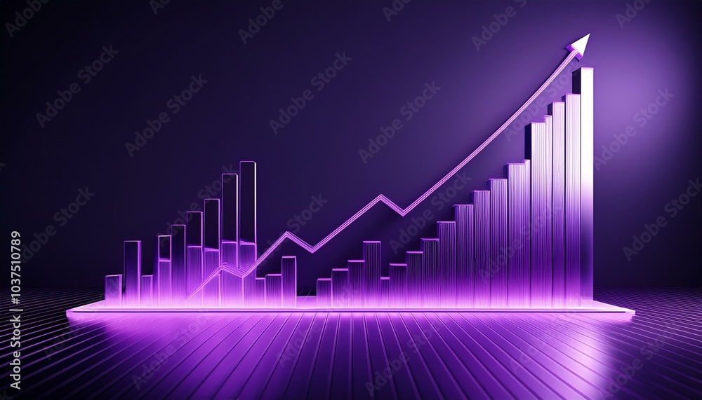 creative growing purple business chart set against a dark background, featuring a mock-up space, symbolizing financial growth and trade concepts in this 3D rendering.