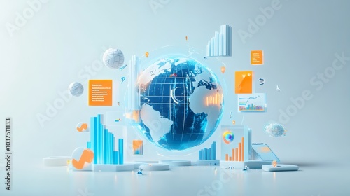 3D illustration of the Earth, with icons representing business, technology, and digital marketing, Transparent glass, frosted texture