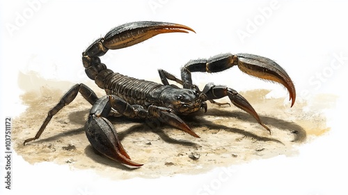 A black scorpion with its claws raised in a defensive posture, isolated on a white background. photo