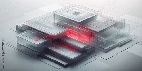 a sleek, modern representation of multi level labyrinth, material is transparent, matt glass, only in milky, soft white and highlights with red accenses, shown from a high angle isometric view with ci photo