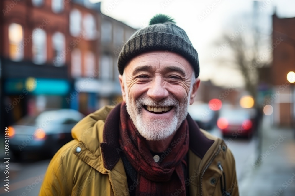 Portrait of a happy senior man on the street in winter.