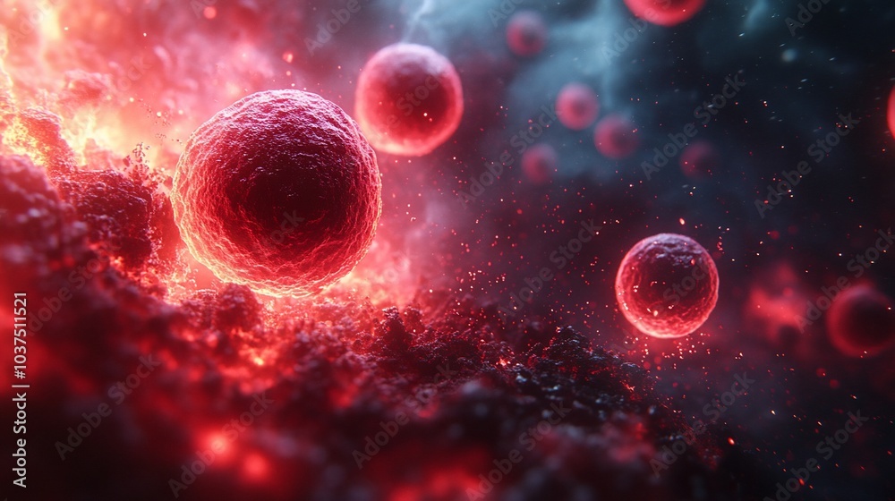 Close-up view of glowing cells in a vibrant, cosmic environment. Close-up view of glowing cells in a vibrant, cosmic environment.