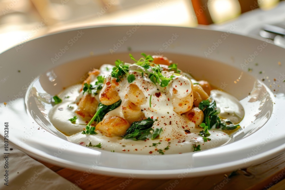 Pasta topped with creamy sauce and herbs sits in a white bowl on a table. Concept of gourmet dining. For food blogs or recipe presentations. Pasta topped with creamy sauce and herbs sits in a white bowl on a table. Concept of gourmet dining. For food blogs or recipe presentations.