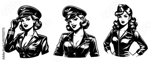 pinup girl, black vector illustration, pin-up woman comic character aircraft pilot female pilot set