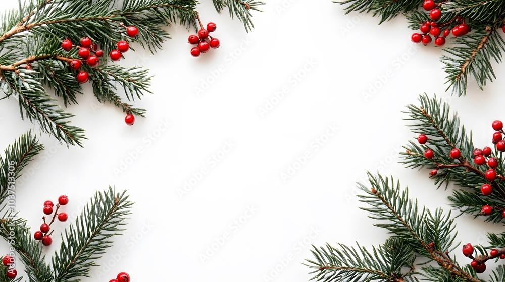 Evergreen Branches and Red Berries on a White Background Evergreen Branches and Red Berries on a White Background