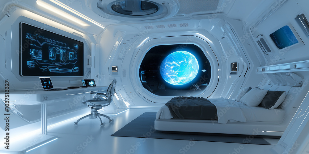 A white, sci-fi-inspired interior with a bed, desk, and a large screen TV on the wall, in a space station-like style, with flat white walls. A white, sci-fi-inspired interior with a bed, desk, and a large screen TV on the wall, in a space station-like style, with flat white walls.