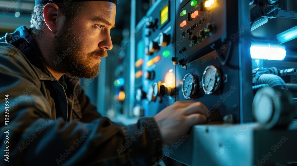 Industrial Worker Adjusting Machine Controls Industrial Worker Adjusting Machine Controls