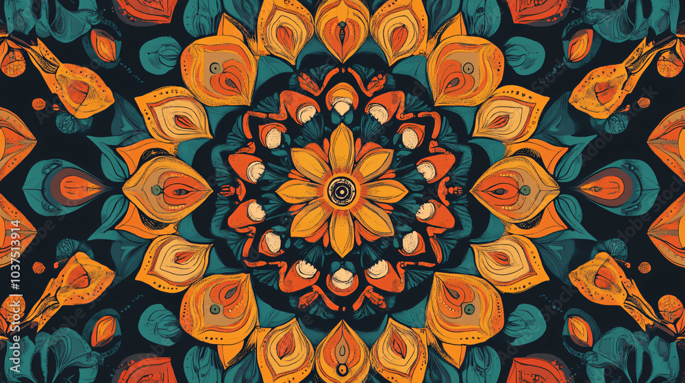  A kaleidoscope pattern with intricate details in bright colors. 