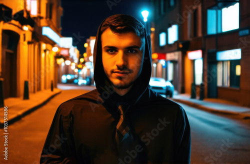 Man in black clothes with hood standing on the dark street in the evening