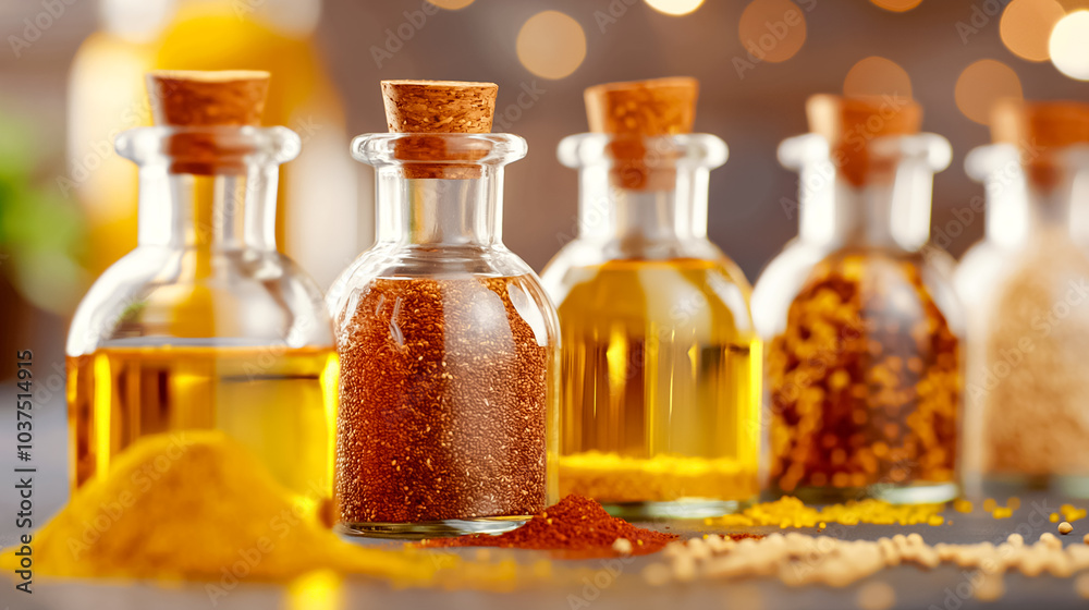 A vibrant array of spices and oils showcases a blend of textures and hues, beautifully arranged in glass bottles with cork stoppers, inviting culinary creativity in the kitchen A vibrant array of spices and oils showcases a blend of textures and hues, beautifully arranged in glass bottles with cork stoppers, inviting culinary creativity in the kitchen
