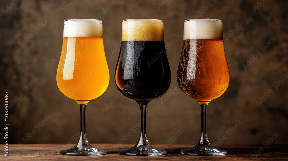 Craft beers in three distinct colors are displayed in elegant glasses, showcasing vibrant golden hue, rich dark brown, and warm amber. frothy tops add refreshing touch to this inviting scene Craft beers in three distinct colors are displayed in elegant glasses, showcasing vibrant golden hue, rich dark brown, and warm amber. frothy tops add refreshing touch to this inviting scene