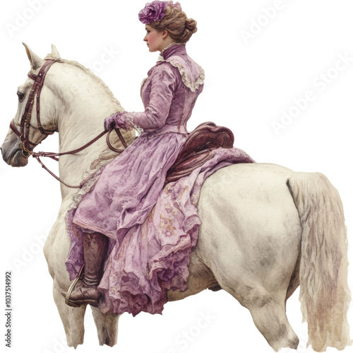 Victorian woman in purple dress riding white horse, vintage equestrian style
