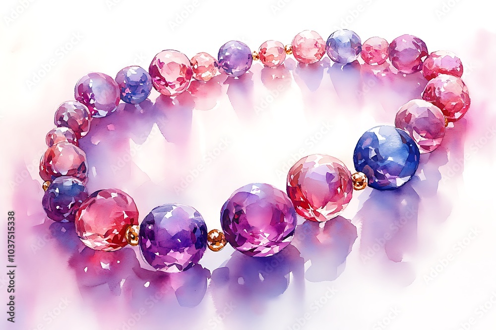 Watercolor painting of a beautiful necklace with pink and purple gems. Watercolor painting of a beautiful necklace with pink and purple gems.