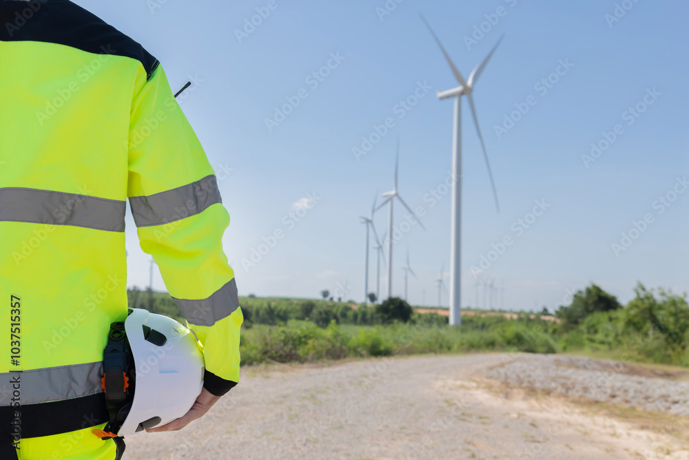 Back view of engineer hold white hardhat against wind turbines Back view of engineer hold white hardhat against wind turbines