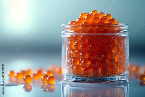 Close-up of a glass jar filled with red caviar. photo