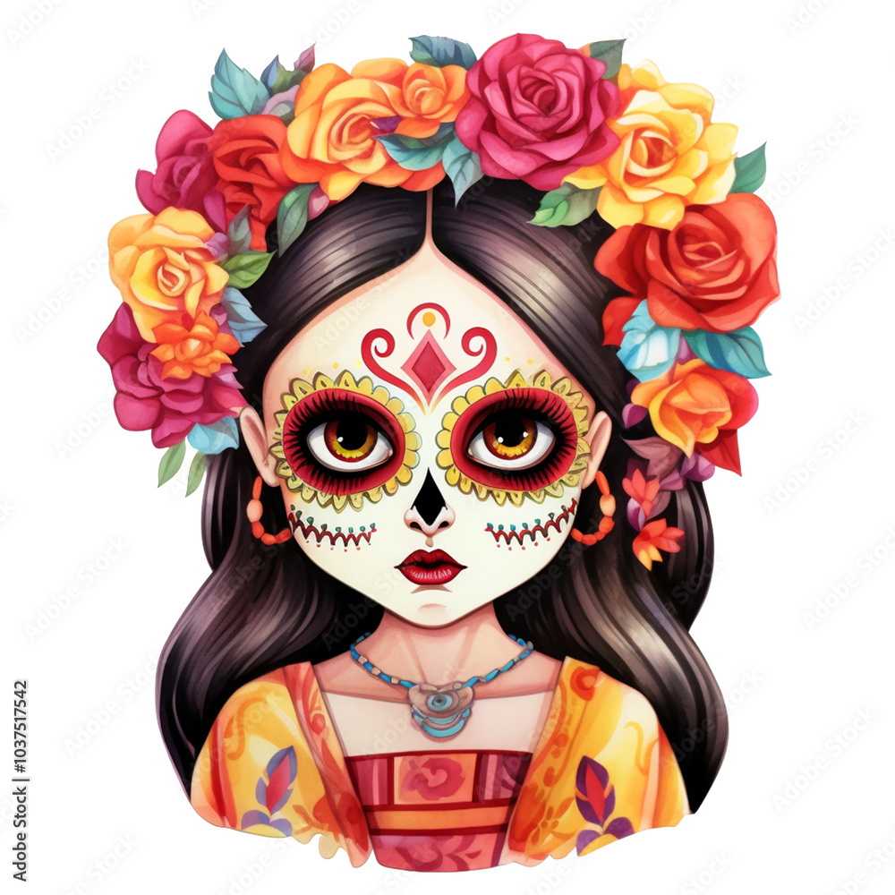 La Catrina girl in flower crown. Watercolor illustration for the Day of the Dead holiday. La Catrina girl in flower crown. Watercolor illustration for the Day of the Dead holiday.