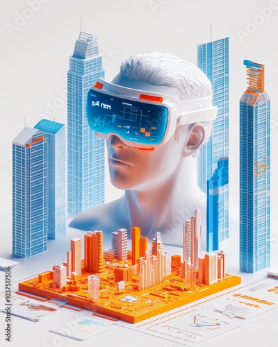 3D illustration of a man wearing VR glasses, a piece of land in the middle and five high-rise buildings with eye-catching words on them, with icons representing business, technology, 
