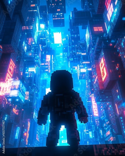 A pixelated character in a hoodie standing confidently in a futuristic neon-lit city, with towering skyscrapers and glowing blue lights in the background