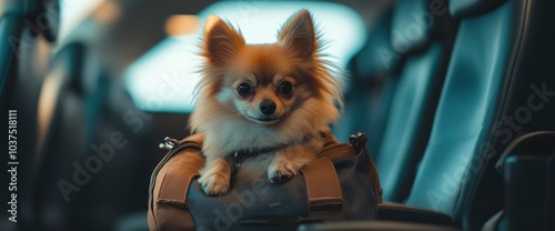Small Dog in a Travel Bag on the Back Seat of a Car