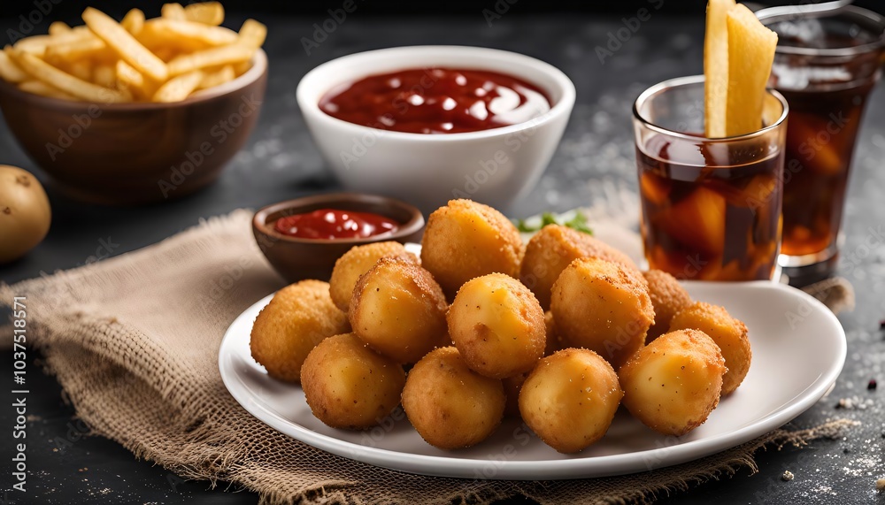 Crispy Fried Potato Balls with Ketchup and Drinks Crispy Fried Potato Balls with Ketchup and Drinks