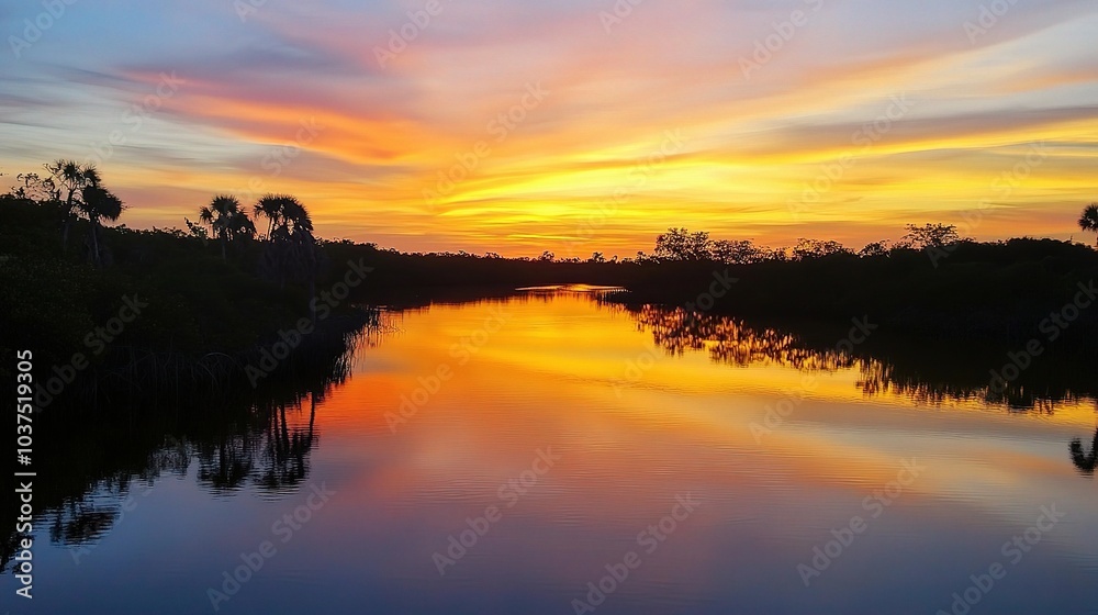 Serene Sunset Over Calm Waters in Natural Landscape Serene Sunset Over Calm Waters in Natural Landscape