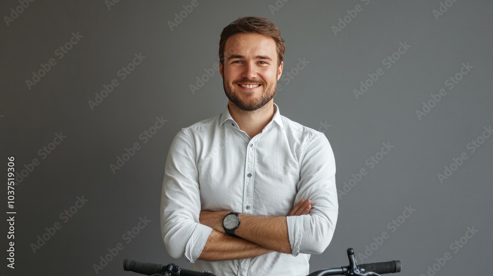 Transportation, business, a man riding a bicycle, a smile, and a grey studio background. Individual, worker, and consultant interested in sustainable travel, the environment, and bicycling Transportation, business, a man riding a bicycle, a smile, and a grey studio background. Individual, worker, and consultant interested in sustainable travel, the environment, and bicycling