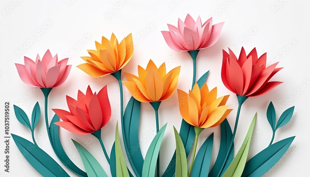 Colorful paper flowers in a 3D art style with vibrant leaves Colorful paper flowers in a 3D art style with vibrant leaves