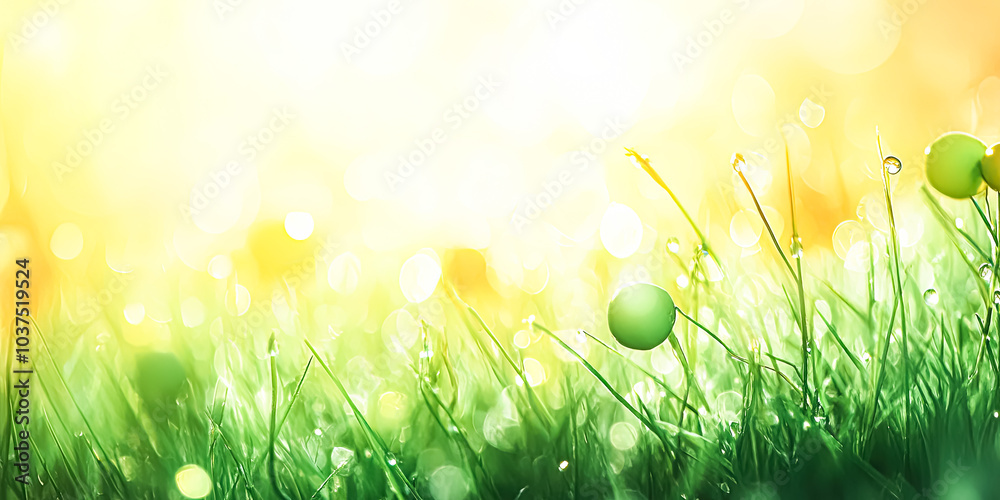 Obraz premium Field of grass with a few green eggs scattered throughout. The grass is lush and green, and the sun is shining brightly, creating a warm and inviting atmosphere. The eggs add a touch of whimsy