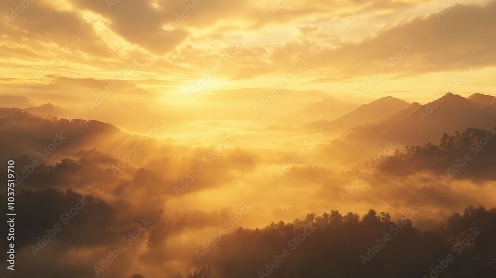 Golden Sunrise Over Misty Landscape Golden Sunrise Over Misty Landscape