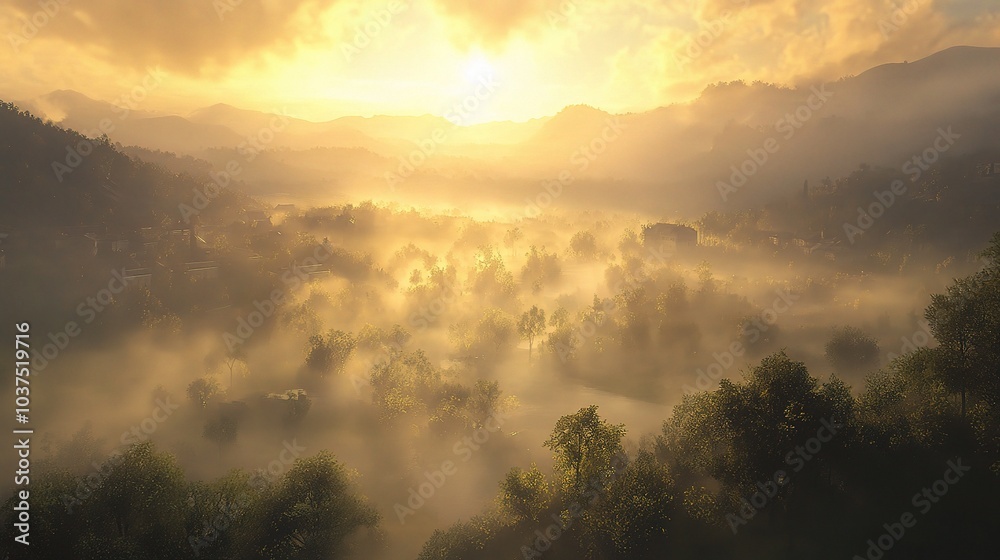 Serene Sunrise Over Misty Landscape Serene Sunrise Over Misty Landscape