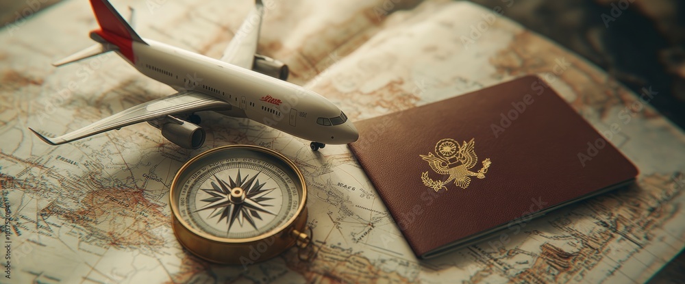 Travel Essentials Passport, Compass, and Airplane Travel Essentials Passport, Compass, and Airplane